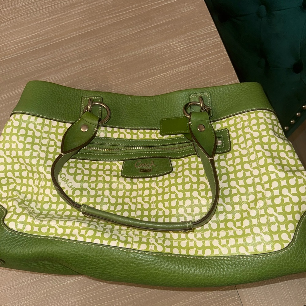 Coach Penelope green pebbled leather trim top handle shoulder bag